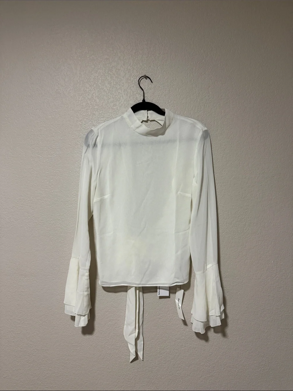 Reformation Ivory Long-Sleeve Tie-Back Ruffle Blouse